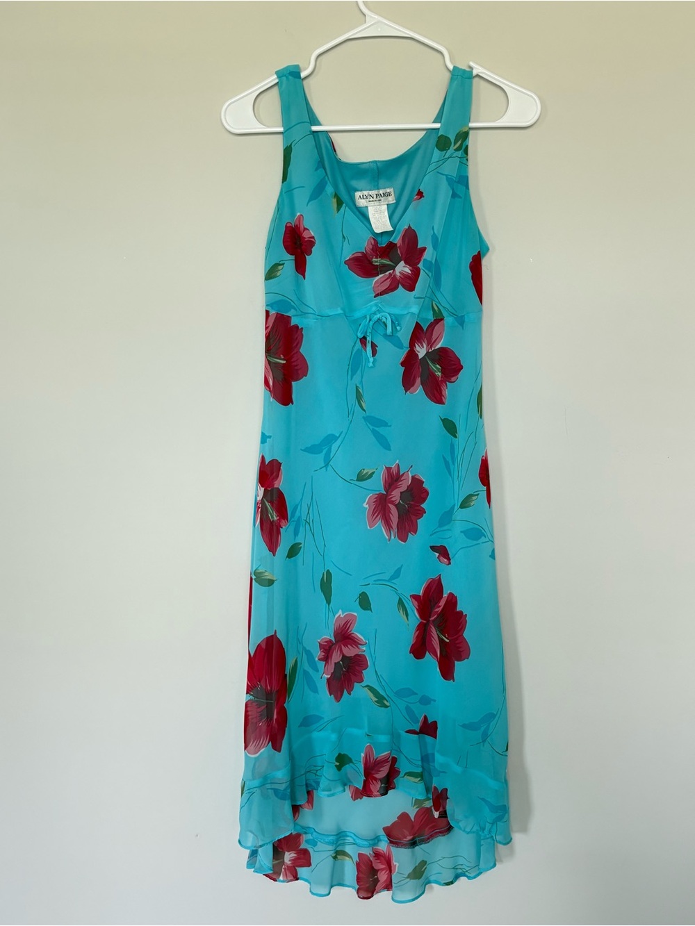 Vintage Alyn Paige Floral Chiffon Dress 7/8 Aqua Turquoise Red Y2K High Low